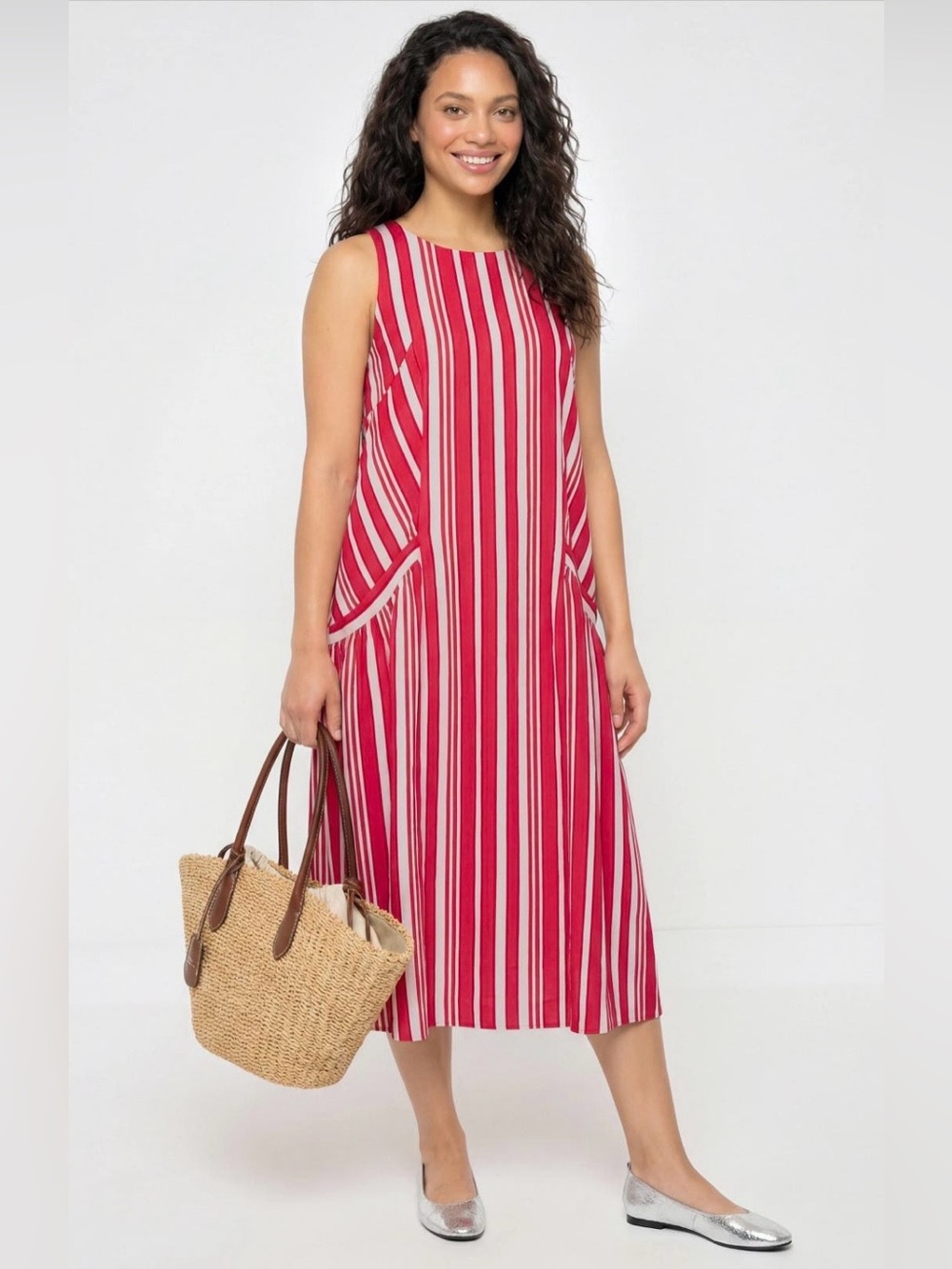 Chinti & Parker~Red and White Parasol Striped Sleeveless Midi Dress~Size 4~$595~